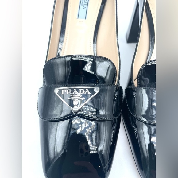 Prada Black Patent Leather Logo Plaque Block Heel Square Toe Loafer EU 39 US 9 - Picture 5 of 16